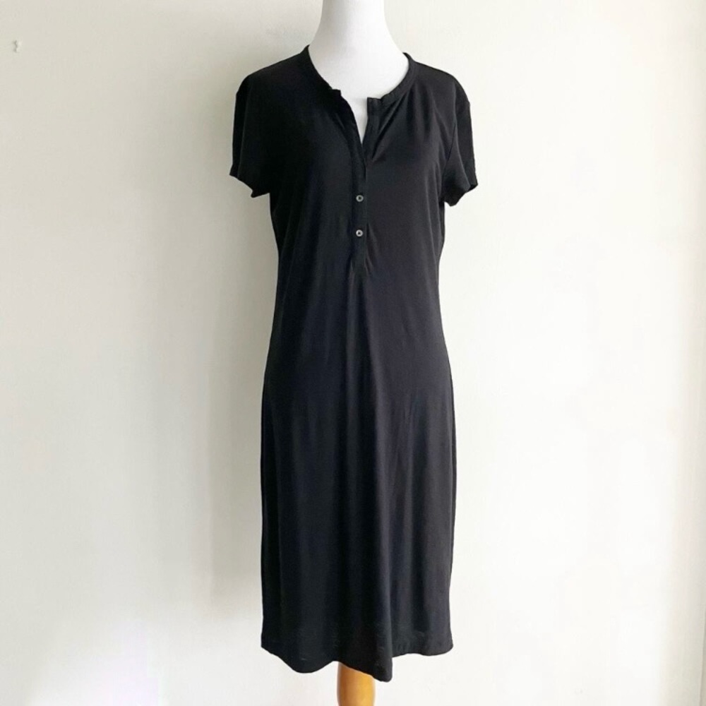 Standard James Perse Size 2 Dress Black Short Sleeve Shift Midi Buttons Spring